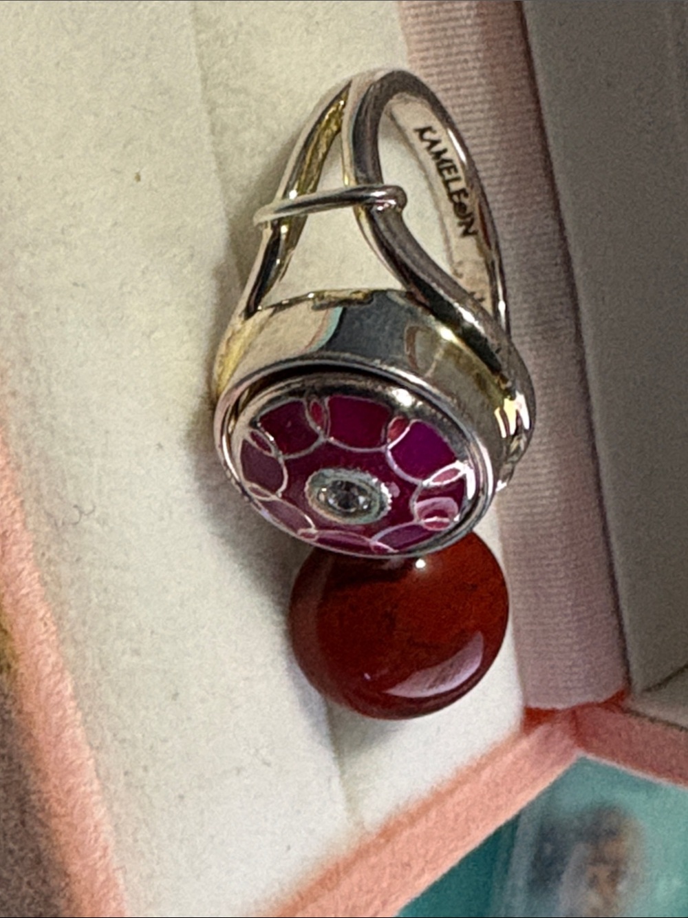 Sterling Silver Ring Sz 8 with Pink Enamel and Red Gem Kameleon Co 5A NWOT